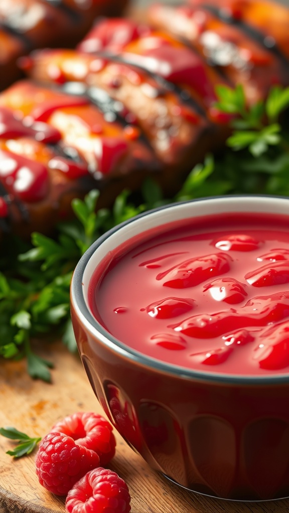 Bowl of raspberry chipotle glaze with grilled meat in the background, garnished with herbs.